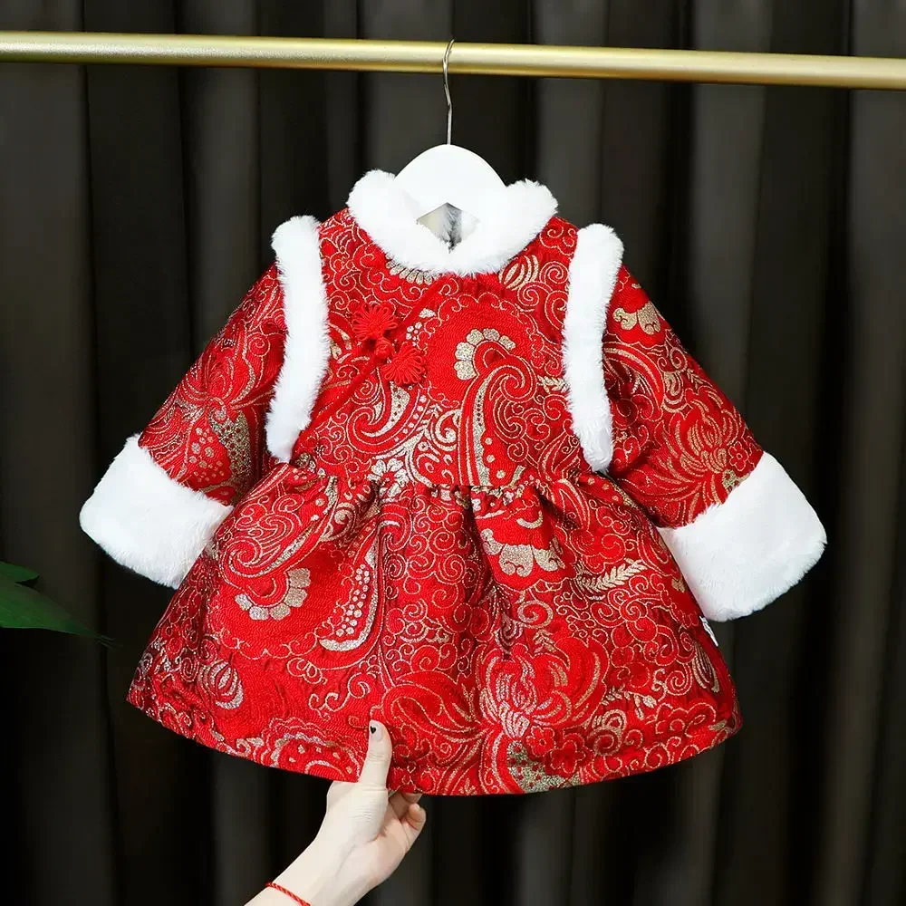 

Baby Clothing Velvet Thickening Girl Red Tang Suit Winter Traditional Chinese New Year Hanfu Princess Dress Children's Cheongsam