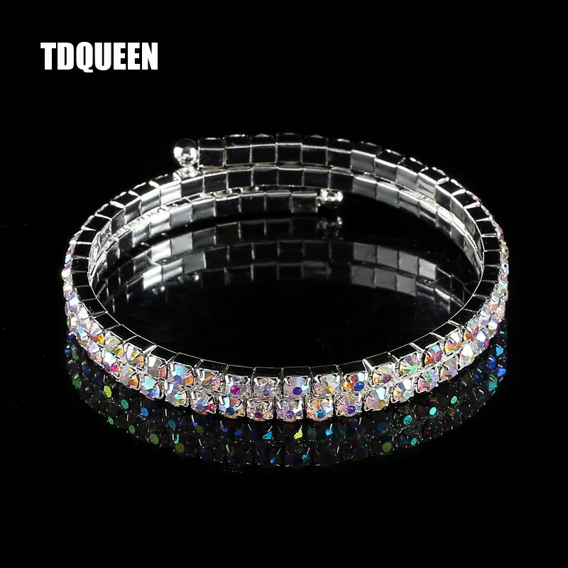 AB Crystal Rhinestone Bangle Bracelets Silver Plated Spiral Upper Arm Bracelet for Women 2 Row Iridescent Color Bracelets Bangle