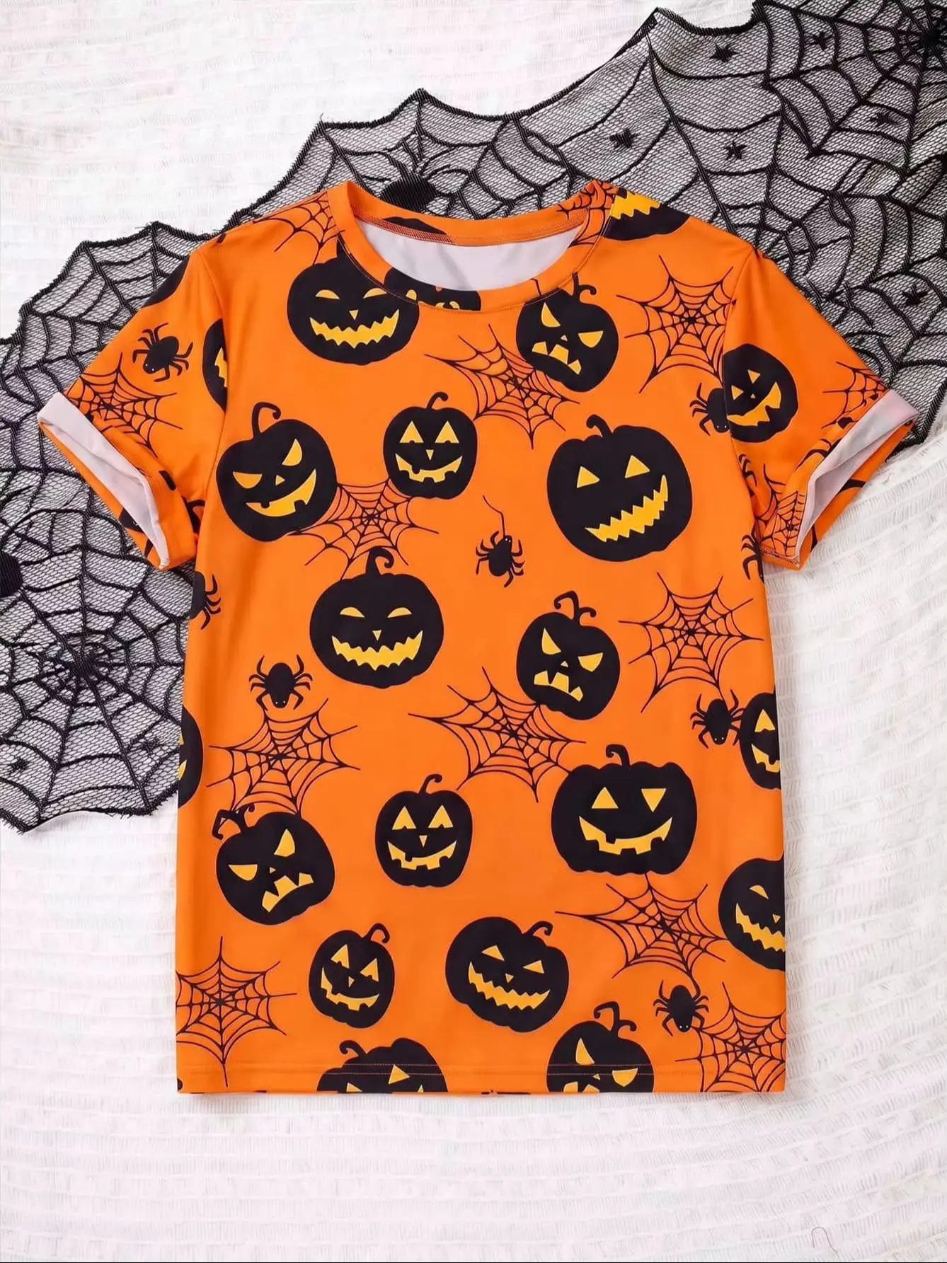 Halloween-T-Shirt mit Kürbis- und Spinnen-Print, Kurzarm, Orange Rundhals-Freizeitoberteil, Festliche Party-Atmosphäre, Unisex-Stil – Detail 4