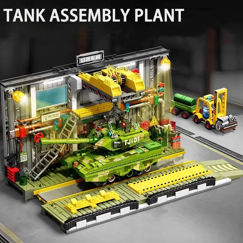 Military Tank Assembly Factory Building Blocks WW2 Tank Assembly Workshop Model Bricks Toys For Boy Xmas Gift With Led MOC