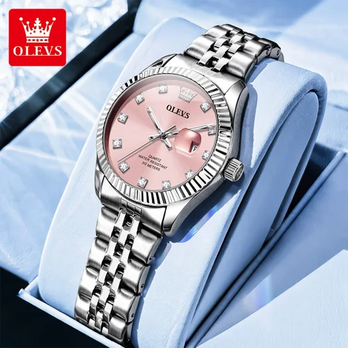OLEVS relojes de mujer 3705 elegante reloj de cuarzo Original rosa de moda para mujer textura roscada de acero inoxidable bisel fecha nuevo