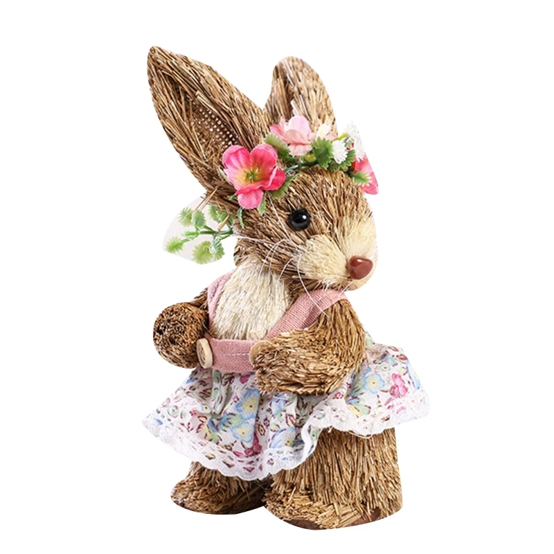 H55A Easter Straw Rabbit Ornament for Creative Artificial Bunny for Doll with Flower Wreath Apron Standing Figurine Party