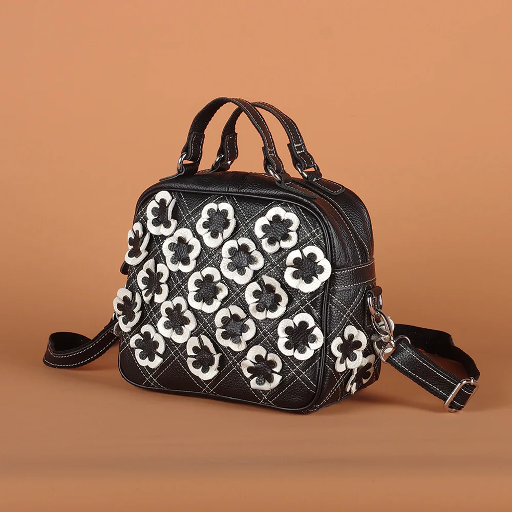 Black and white contrast color handmade flower stitching fashion design leather cowhide check handbag women's shoulder bag