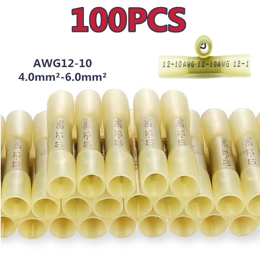 100 Pieces 12-10 AWG Wire Connector Assortment Heat Shrink Butt Crimp Terminal Yellow Waterproof Fully Insulated