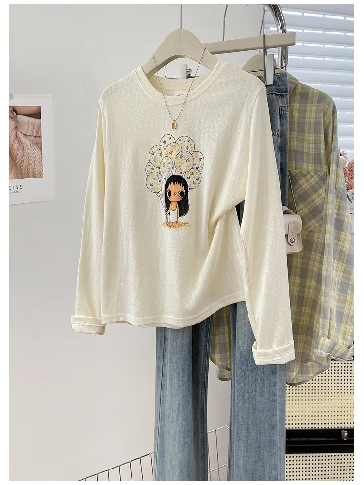 Elegant Long Sleeve T-Shirt Women's Cartoon Print Heavy Beading High-End Feeling Casual Style Cotton Blend Thin Autumn Top