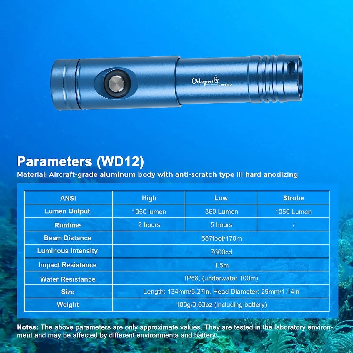 Odepro WD12 Diving Flashlight Professional Powerful Scuba Dive Light IP68 Waterproof Underwater Lantern Submersible Torch Light