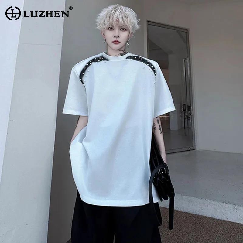 

LUZHEN Pearl Decorate 2025 Patchwork Summer Loose Casual Personalized Tops Men's Stylish Solid Color Short Sleeve T-shirt JY2631