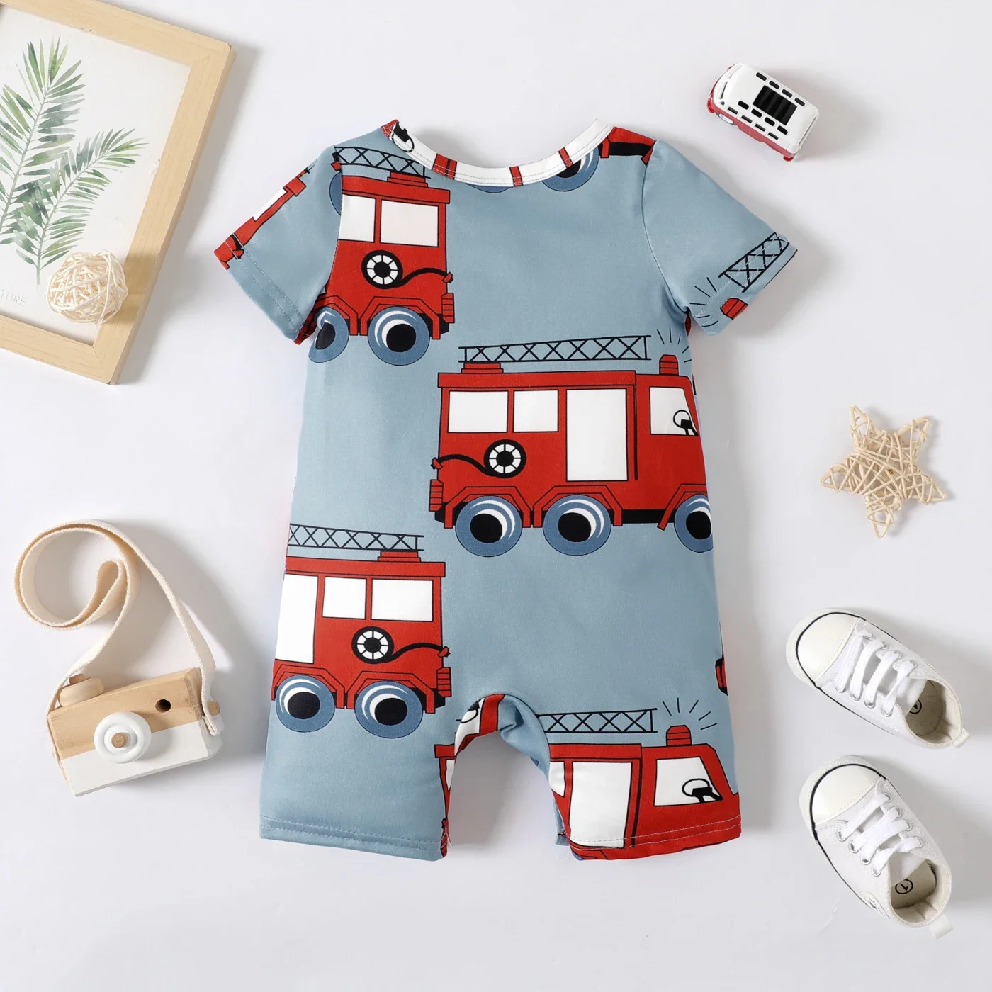 PatPat Baby Boy Allover Fire Engine Print Short-sleeve Romper Suitable for Summer Season Soft and Comfortable