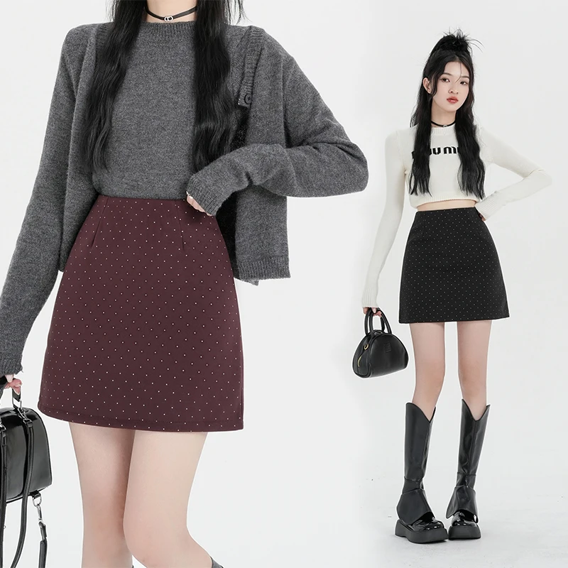 

Autumn and Winter Women's Skirts 2024 Polka Dot Woolen Skirt Women's High Waist A-line Simple Design Short Skirts Faldas Saias