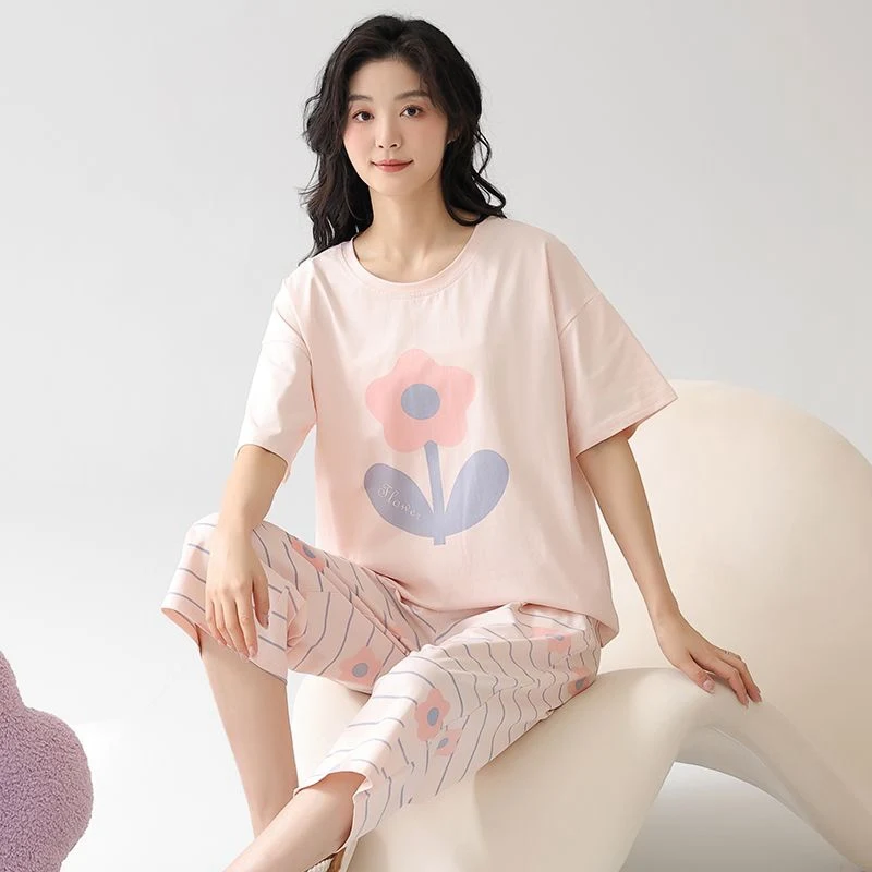 

Лето 2022, 100% хлопок, пижамные комплекты длиной до икры с короткими рукавами для женщин, корейская свободная одежда для сна для девочек, пижамы, домашняя одежда, домашняя одежда