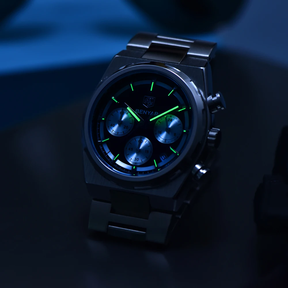 BENYAR New Watches Men Quartz fashion Brand Chronograph Male Sport Black Watches Waterproof Stainless Steel business Watch 2024