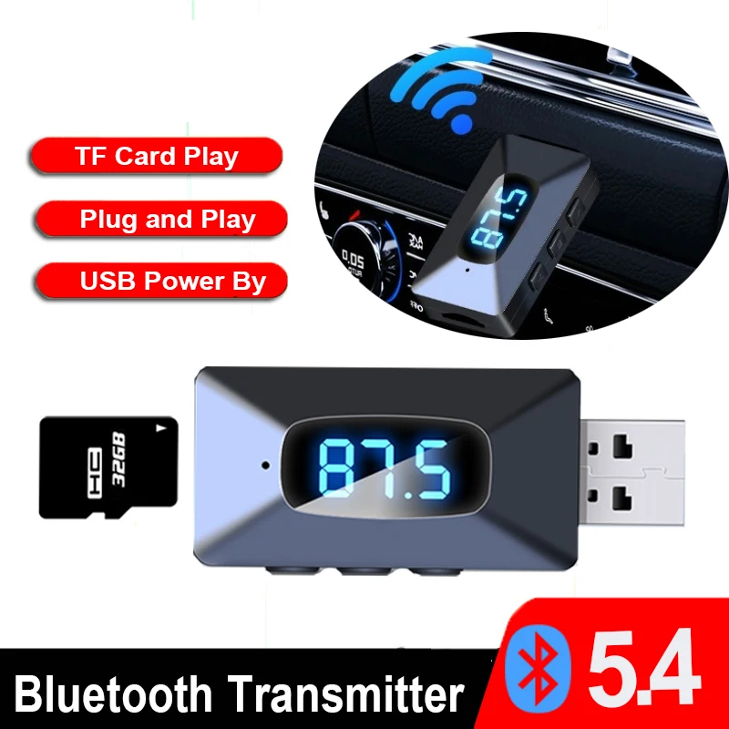 Bluetooth 5.4 FM Transmitter 3.5mm AUX & TF Card Playing Wireless Audio Adapter Hands-Free Calling With MIC HIFI For Car Radio