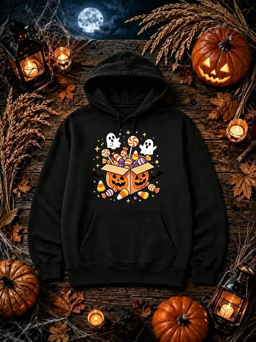 Mens Clothes Ghost Pumpkin Candy Box Halloween Graphic Hoodie, Funny Spooky Season Long Sleeve Drawstring Pocket Hoodies For Men Casual Autumn Outfits