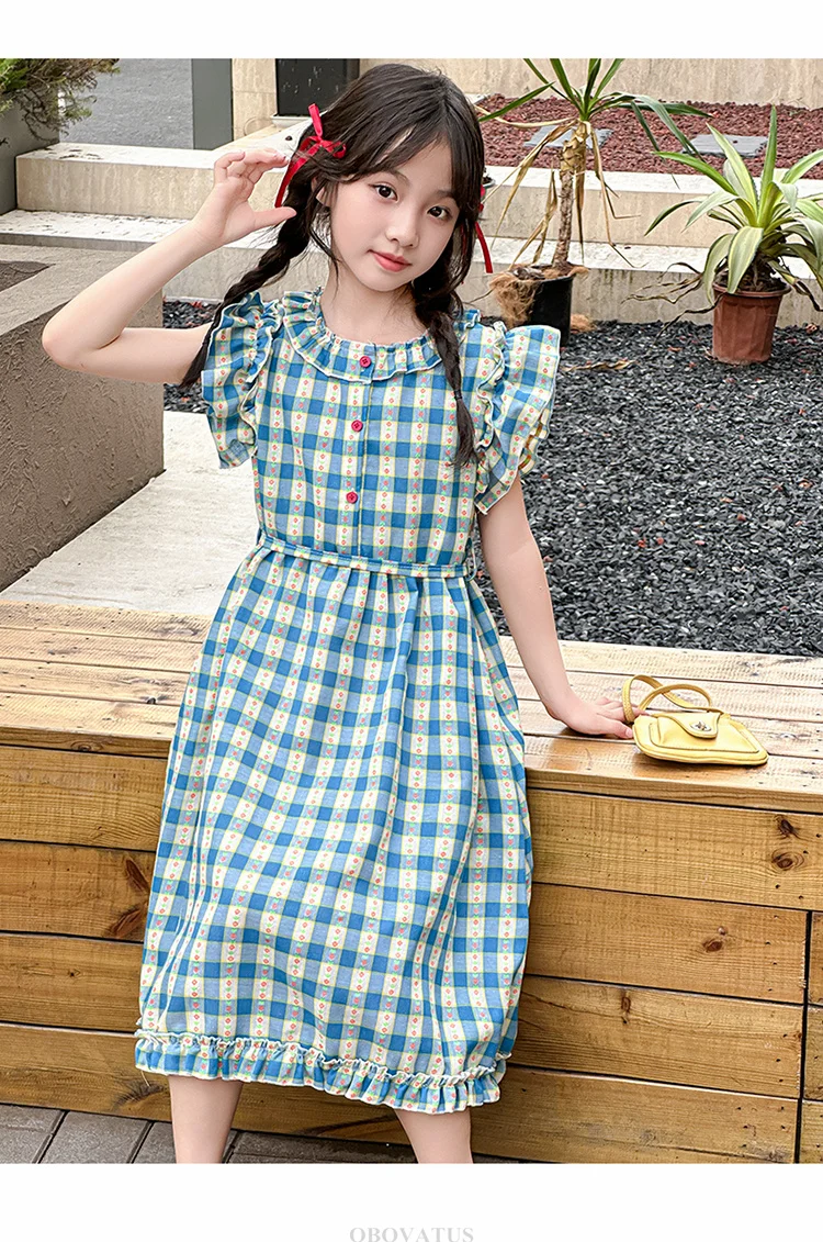 Preppy-Stil Kinder Babyblau Kariertes Kleid mit Blütenärmeln für Mädchen A-Linien-Schulkleider für Teenager Neue Sommerkleidung – Detail 13