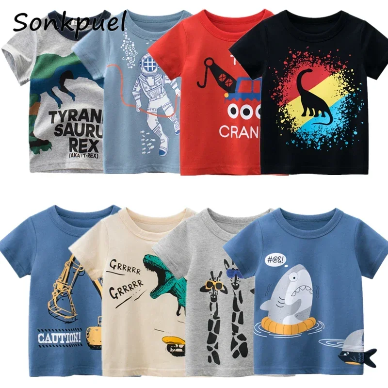 2024 Summer Children  Cartoon T-shirt for Boy Animal Printing Dinosaur Shark Boys T Shirt Girls Tops Tees Cartoon Kids Clothes