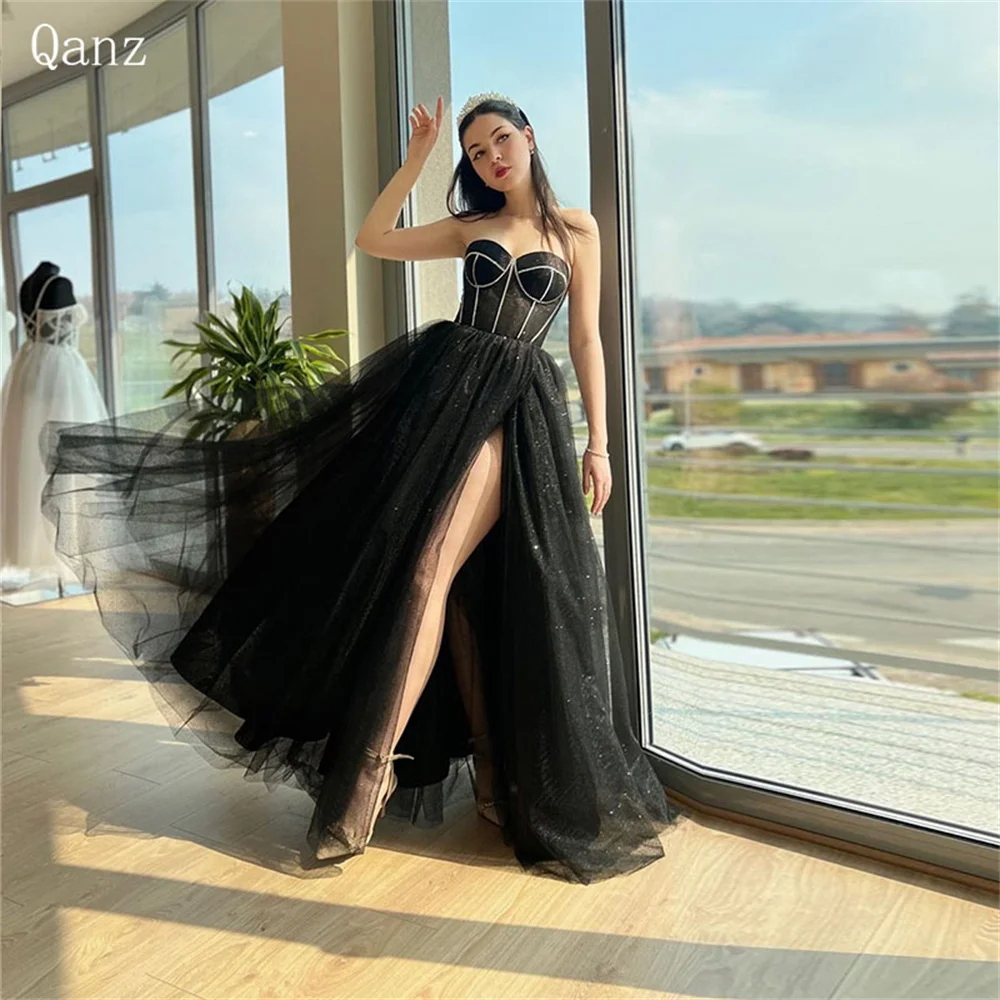 

Qanz Modern Tulle Prom Dresses Sweetheart Black Sparkle Vestidos De Fiesta Elegantes Para Mujer2024 High Slit Long Evening Dress