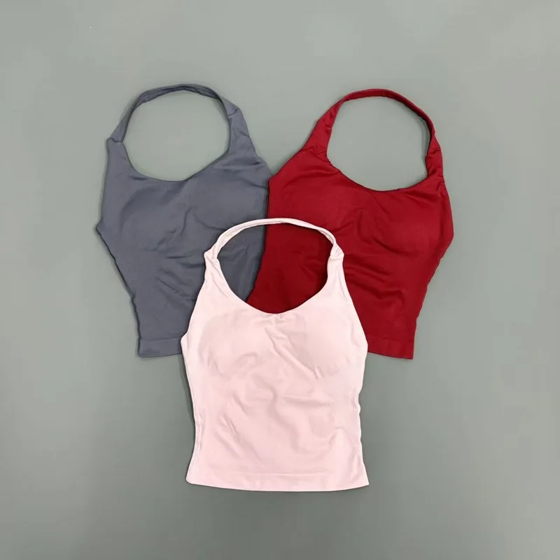 Yoga Tank Top Women Seamless Strappy Open Back Longline Halter Sports Bra Comfortable Stretch Workout Gym Running Fitness Top image 3