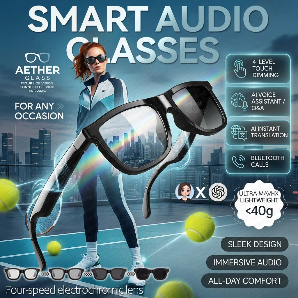 New 4-Levels Electrochromic AI Glasse Bluetooth Smart Glasses ChatGPT 164+Language Translation Music Hands-Free Calls Sunglasses