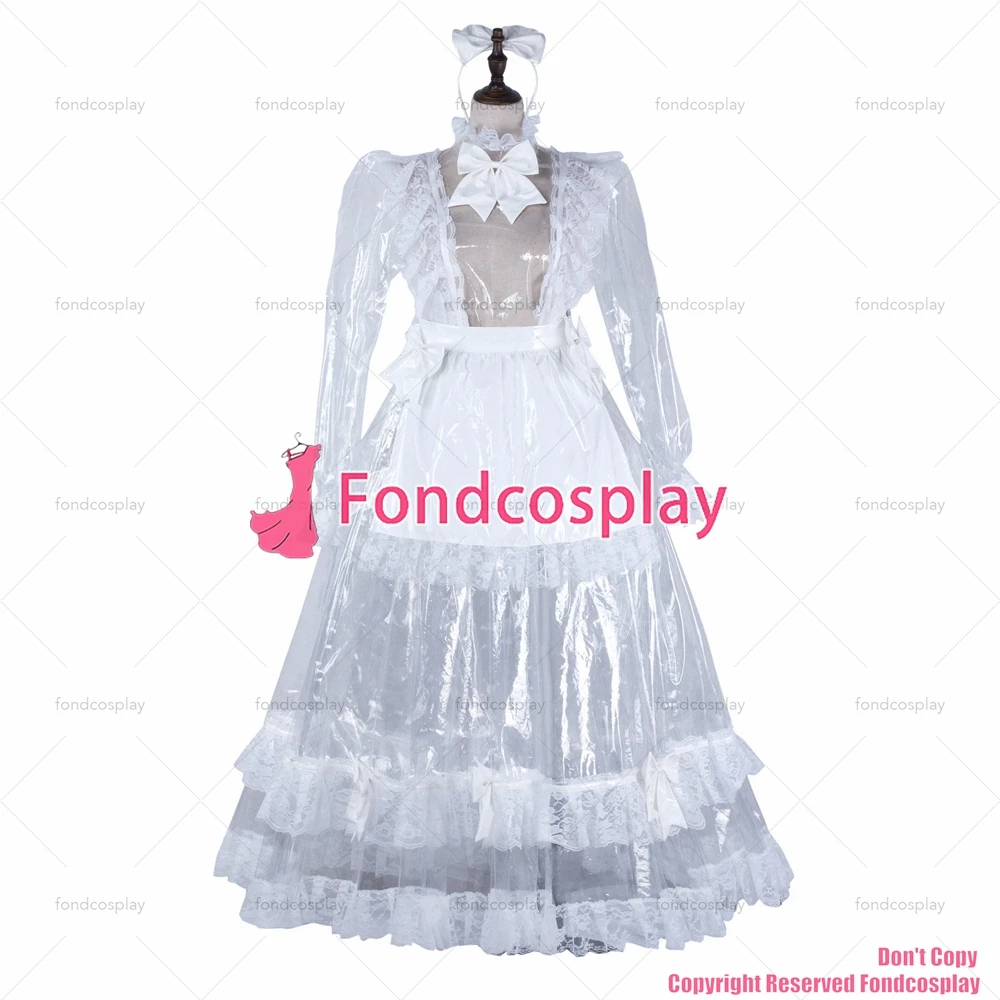 fondcosplay adult sexy cross dressing sissy maid long clear pvc dress lockable Uniform white apron costume CD/TV[G2305]