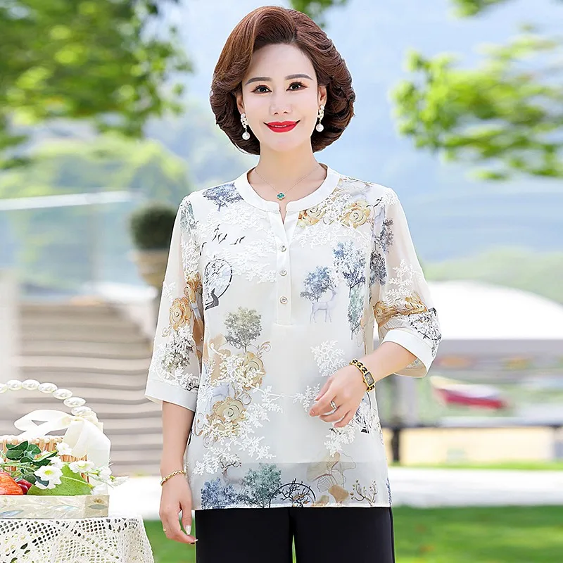 Elegant Fashion Printed embroidery Gauze  Blouse Shirt Summer Half sleeve V-Neck Loose Pullover Tops Women Clothing