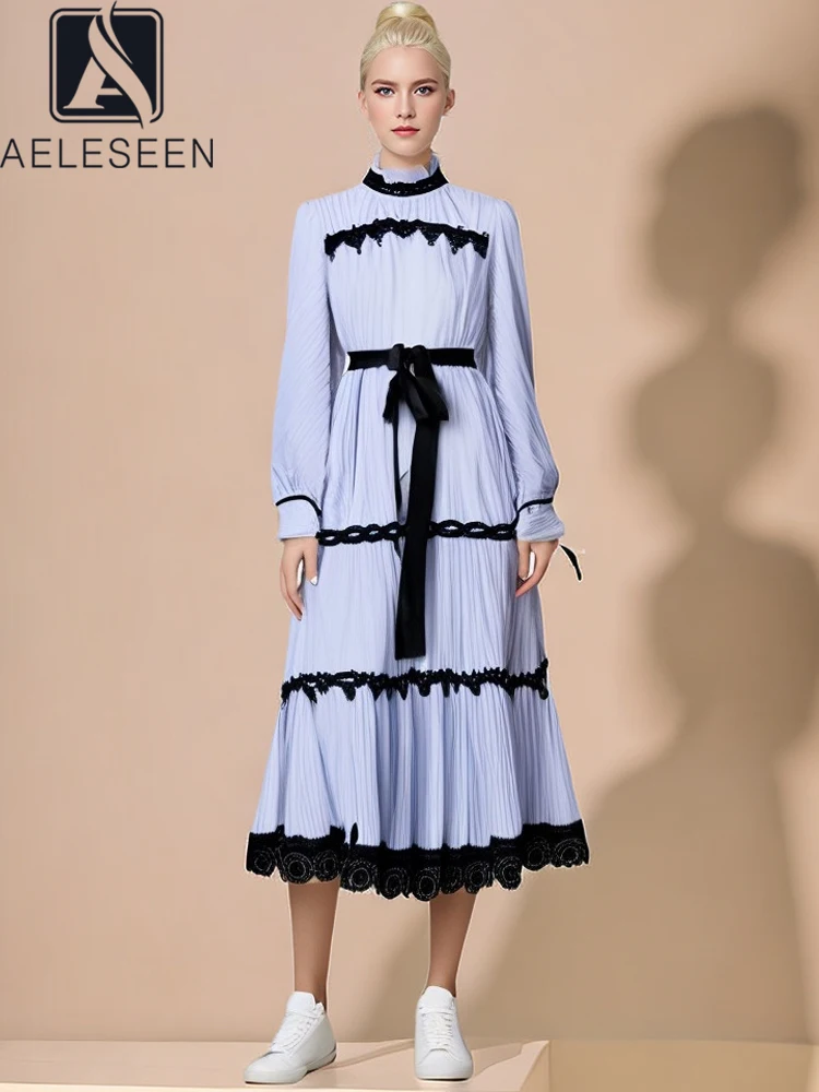 

AELESEEN Designer Fashion Long Dress Women Autumn New Lantern Sleeve Tassel Bow Lace Patchwork Ruffles Patchwork Elegant Party