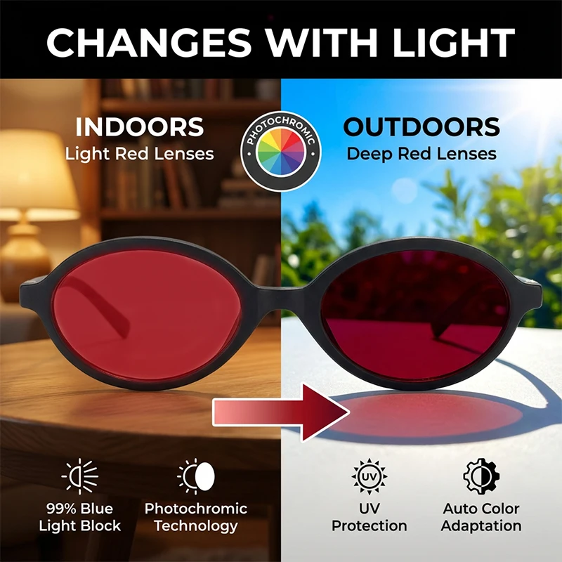 Anti Lumière Bleue Bloquant Mieux Dormir Lunettes 2026 À La Mode Ovale Lire Ordinateur Jeu Rouge Lentille Filtre Lunettes Photochromiques Nuances