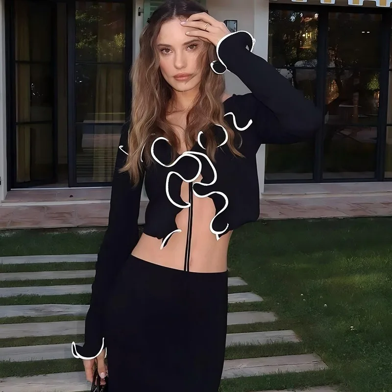 

Women T-shirt New Autumn Fashion Streetwear Lace-up Long Sleeves Casual Slim Tees Black And White Sexy Female Versatile Crop Top