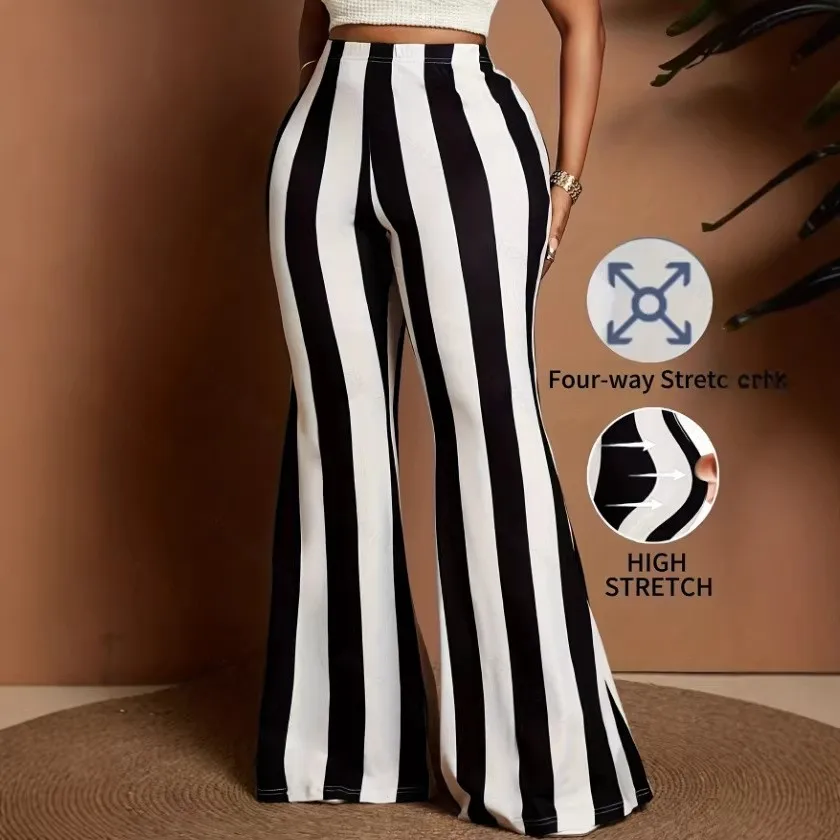 Women's Pants High Waist Digital Print Black And White Trousers Cropped Top Set Stretch Fabric Flared Pants Striped Long Wide