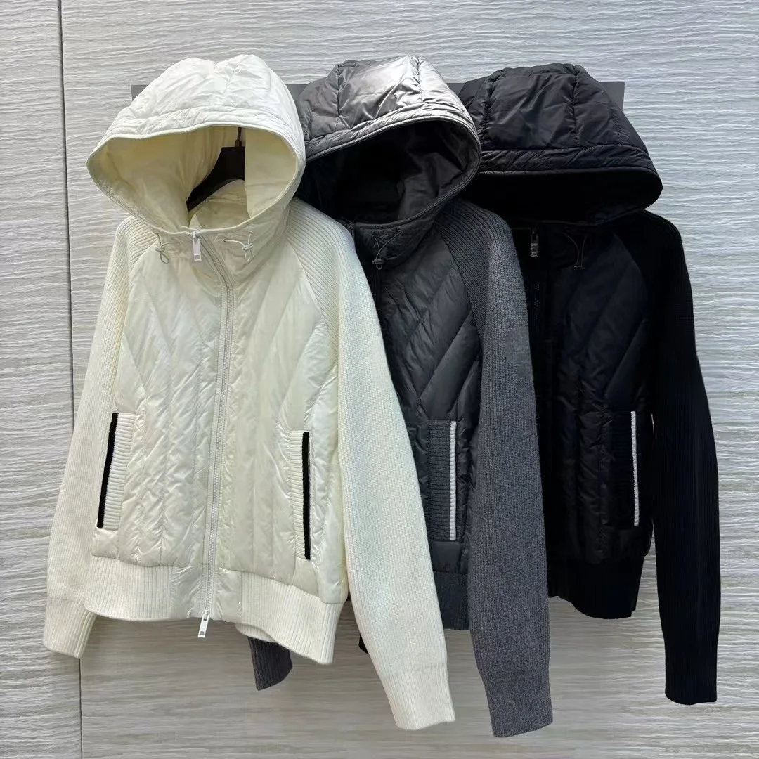 High end customized women's hooded spliced long sleeved knitted down jacket