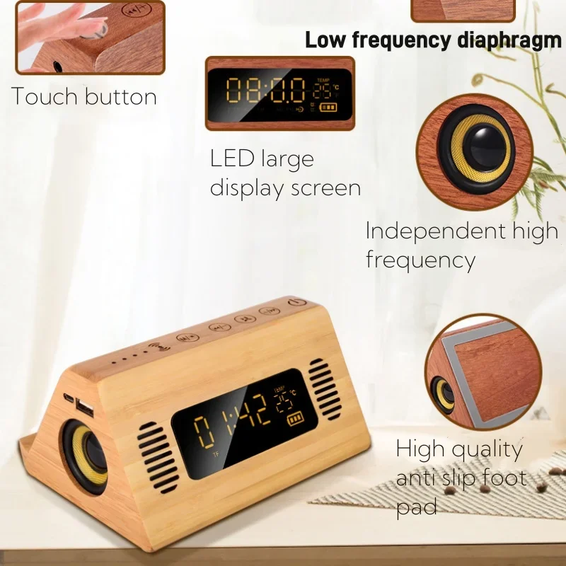 Multi Functional Solid Wood Bluetooth Speaker Wireless Phone Charging High-power Bass Subwoofer with Clock Display Mini Speaker