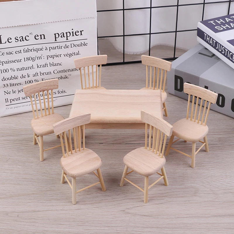 

1:12 Dollhouse Miniature Furniture Wooden Dining Table with 6 Chair Model Set