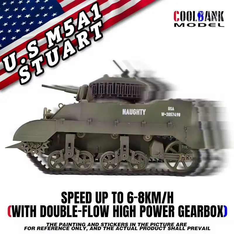 Coolbank Tank Us M8 Stuart 1:16 zdalnie sterowane czołgi modelarskie dla dorosłych chłopców z funkcją dymu, podnoszonym dzbankiem i obracaniem o 360 stopni. °   Ruch obrotowy wieżyczki