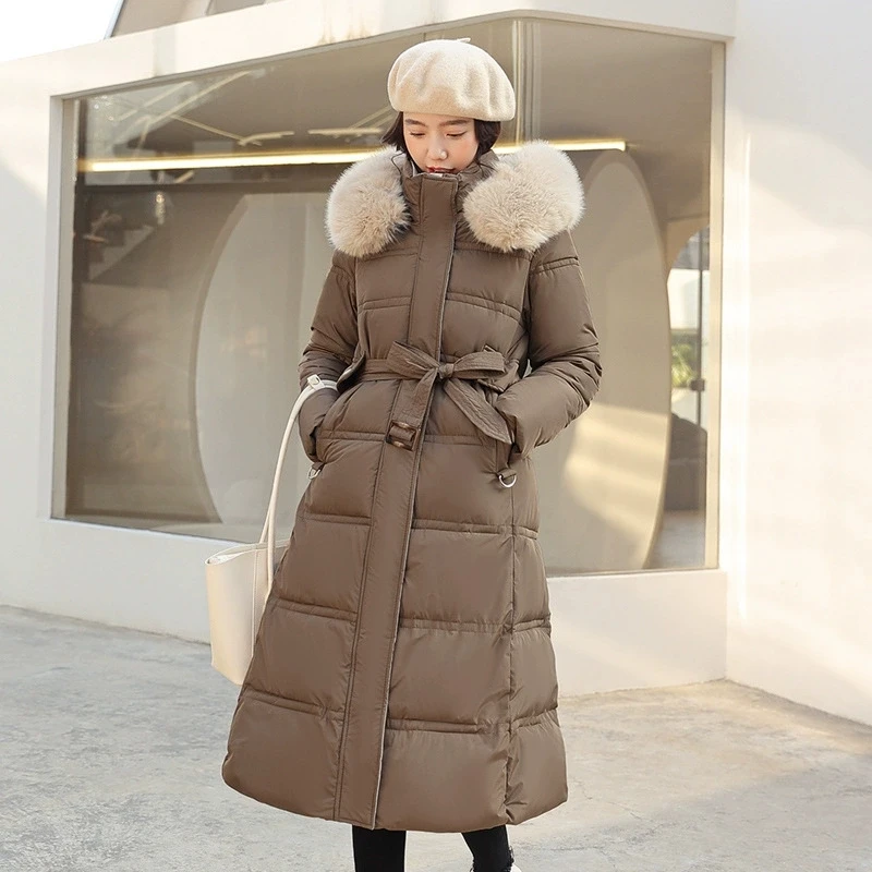 

Winter New Down Cotton Jacket Women Extend Length Cotton Coat Large Fur Collar Slim Belt Hooded Cotton Jacket Women Parkas