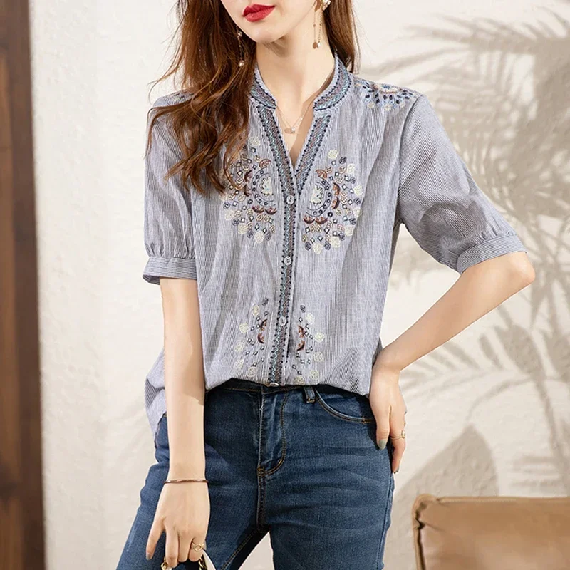 

Women Fashion Vintage Striped Embroidery Button Up Shirt Summer Elegant V Neck Short Sleeve Blouse Casual Loose Tops Blusas L23