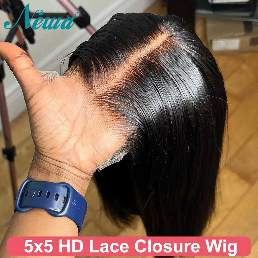 

Newa Hair HD Lace Straight Glueless Wig Ready To Wear 5X5 HD Lace Closure Wig Human Hair Pre Plucked Wigs For Women Invisible HD