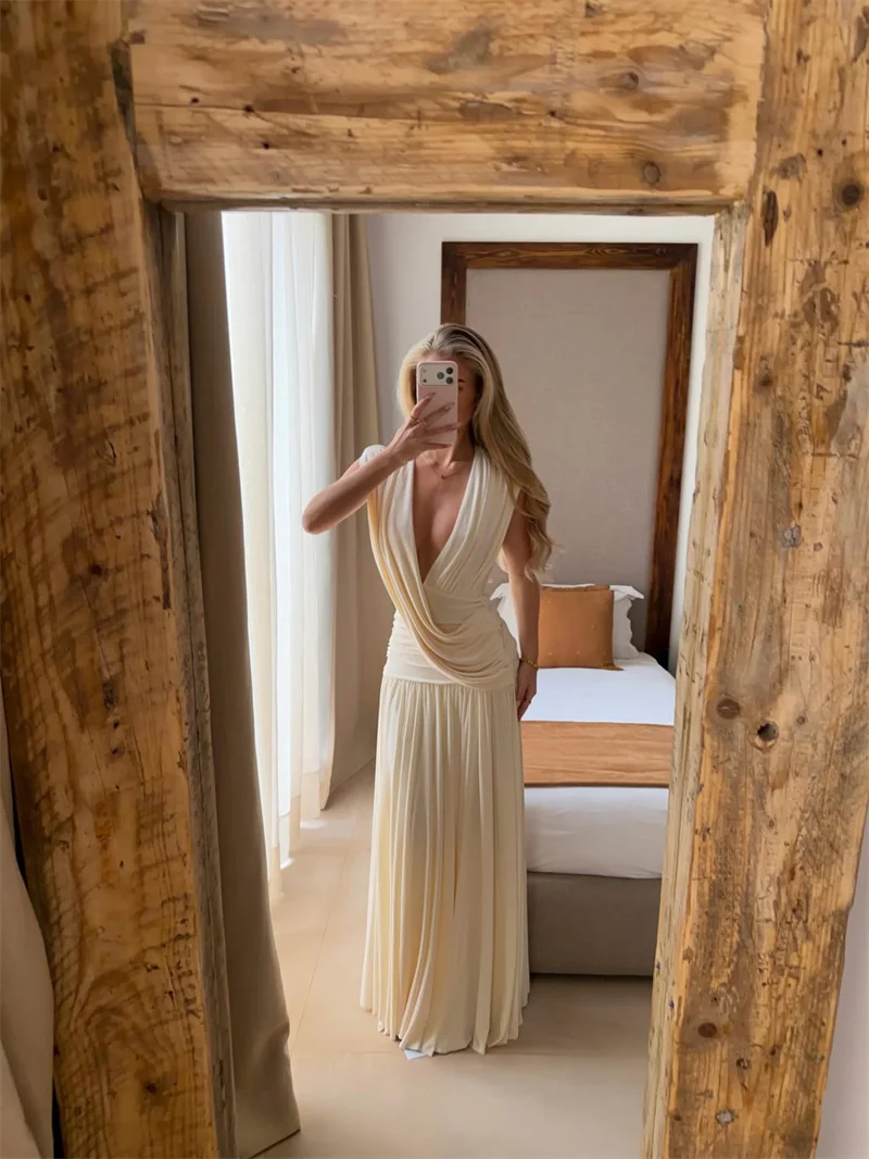 Mozision Elegant Deep V Neck Sexy Maxi Dress Women Fashion Sleeveless Draped Ruched Waist Bodycon Club Party Long Dresses Female