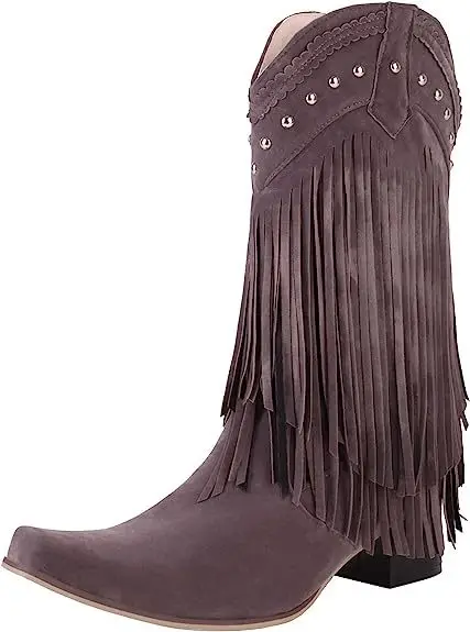 Retro Women Tassel Cowgirl Boots Shoes 2024 New Fringe Middle Heels Western Boots Fashion Slip-on Wedge Pointed Toe Boots Female