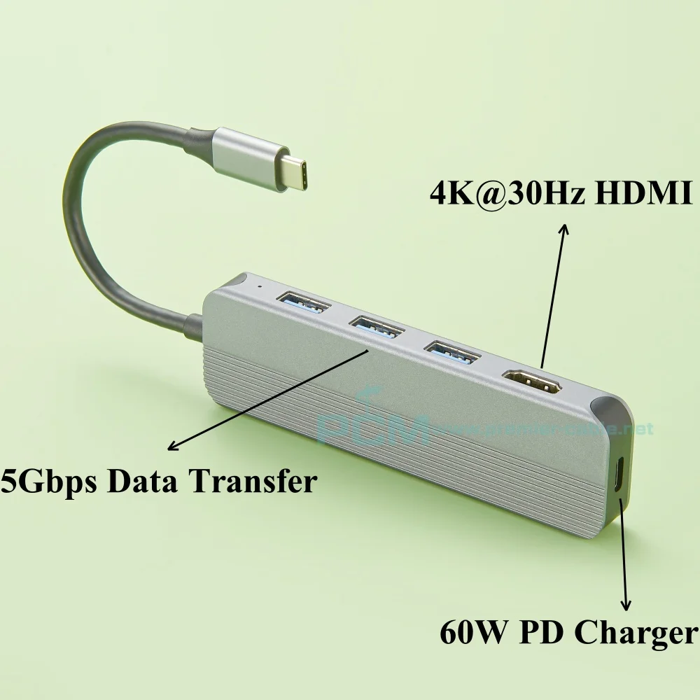 

Мини-док-станция 5 в 1, концентратор USB-C, многопортовый адаптер USB Type-C с HD 4K2K при 30 Гц, зарядное устройство PD 60 Вт, USB3.0 5 Гбит/с