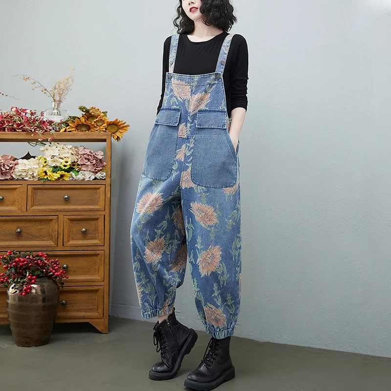 Celana Jeans Wanita Ukuran Besar Pinggang Tinggi dengan Celana Harlan Motif Besar, Celana Denim Nine Points Waed Bermotif Artistik untuk Aktivitas Sehari-hari