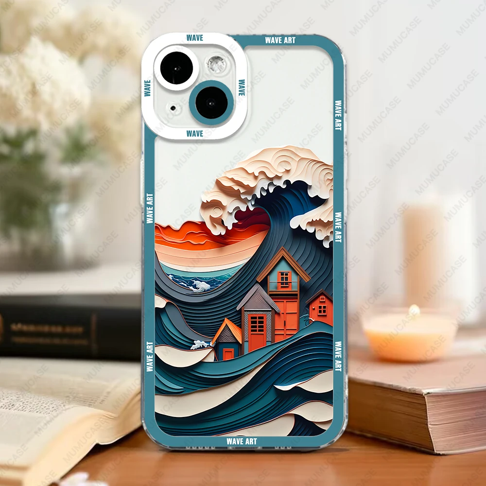 Case For iPhone 16 15 14 13 Pro Max 12 Mini 11 XS X XR SE 7 8 Plus Soft Cover Japanese Wave Art
