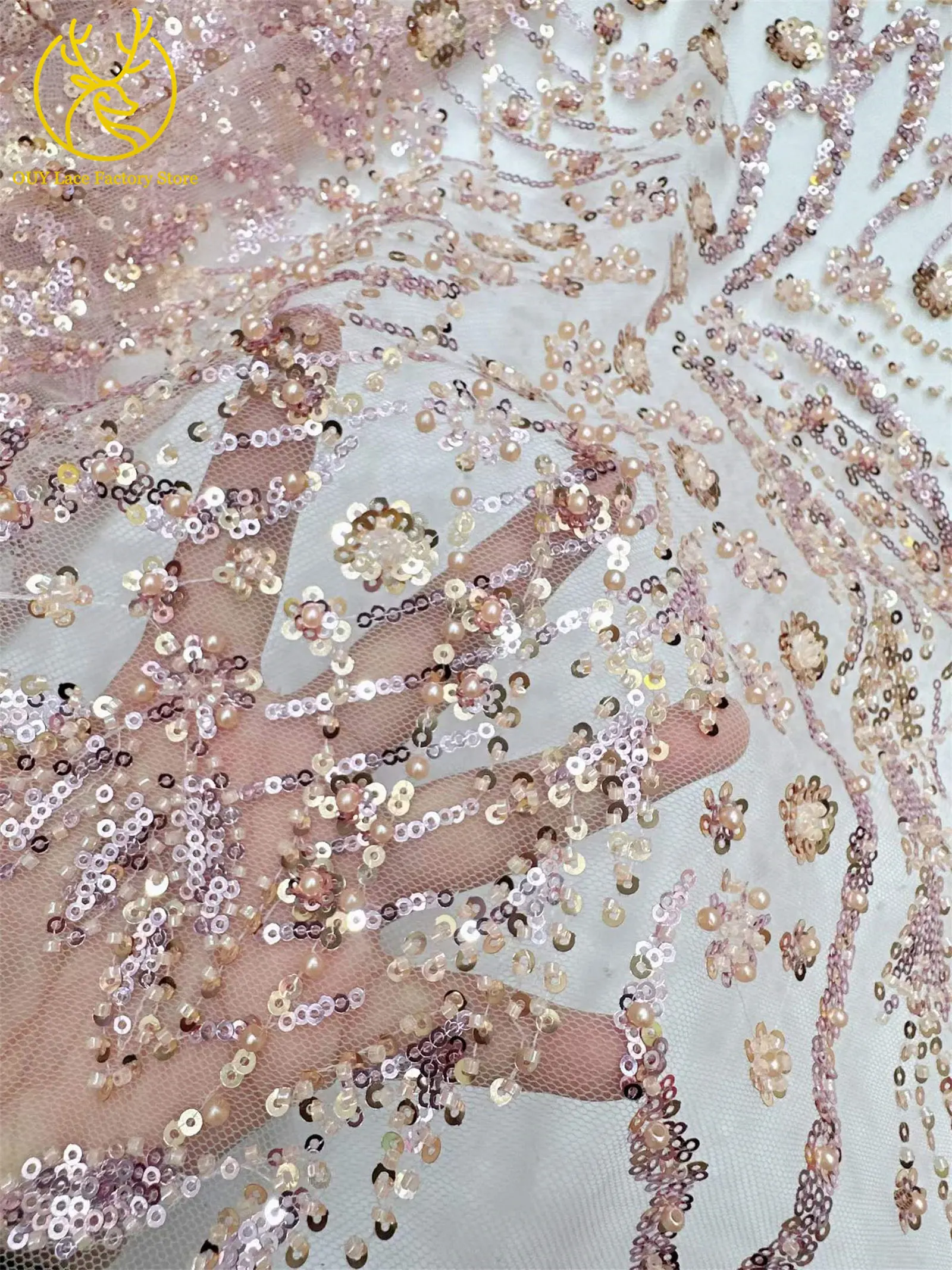 Afrikanischer Spitzenstoff, 5 Yards, hochwertiger nigerianischer Spitzenstoff mit Perlen und Pailletten, französische Tüllspitze zum Nähen von Hochzeits- und Partykleidern – Detail 11