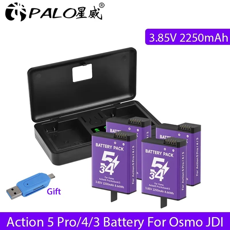 Battery For DJI Osmo Action 5 Pro Action 4/3 Digital Camera Battery 2250mAh Batteries With LCD Display Fast USB Type C Charger