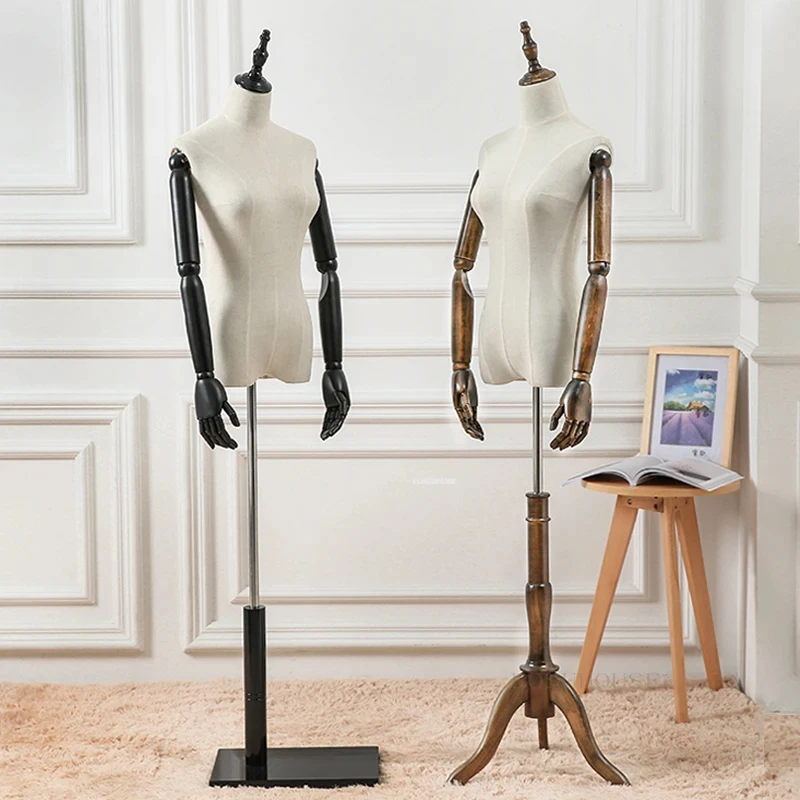 Half-length Mannequins for Women's Clothing Store Bust Hand-sewn Mannequin with Adjustable Wood Base Wedding Dress Display Stand