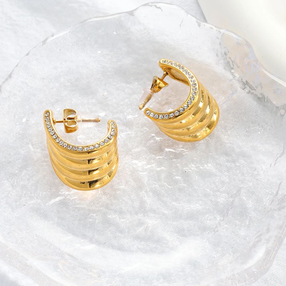 Vintage Aesthetic Curved Arc Stainless Steel Earrings for Lady C Shaped Edge Embed Small Circle Crystal Stone Commuter Jewelry image 4