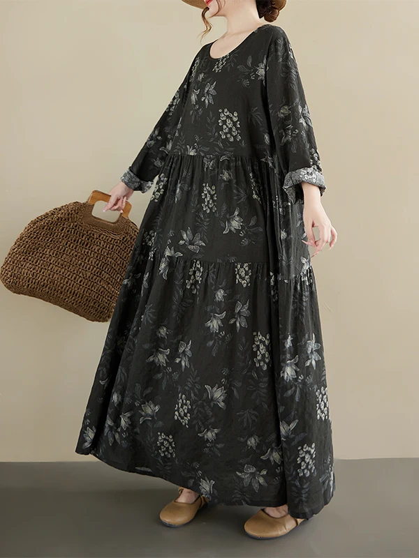 Coupe ample imprimé fleuri Dr rond Ne Long Sve femme décontracté Faion automne nouveau Sle a-ligne jupe coton matériel