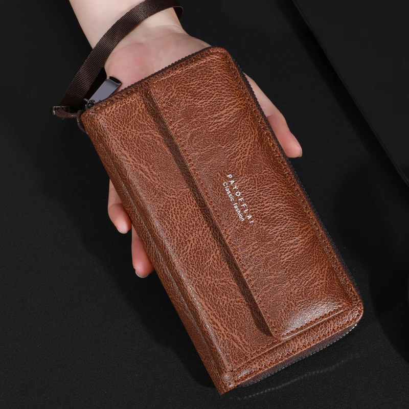 Doppellagige PU-Geldbörse für Herren mit großem Fassungsvermögen, Clutch-Handtasche mit Reißverschluss und Handytasche, Münzgeldbörse mit mehreren Kartenfächern für den täglichen Gebrauch