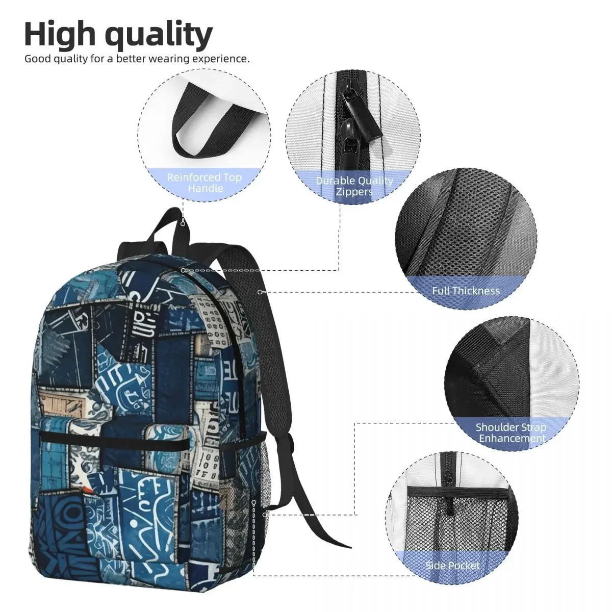 Blue Faux Denim Patchwork Quilt Backpack Daypack Large Capacity Kids BookBag School Bag Shoulder Bags for Men Women