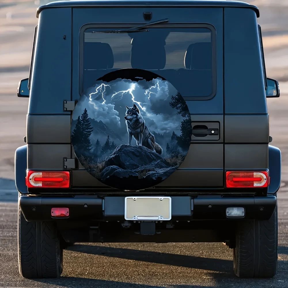 1pc Night Lightning Wolf Tire Cover - Durable, Machine Washable Fabric, Universal Fit For Cars, Trucks & SUVs - Stylish Auto Acc