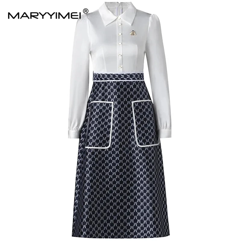 MARYYIMEI Fashion Women's 2024 Spring Turn-Down Collar Patchwork Single-Breasted Fake Two Pieces Gingham Pocket Slim-Fit Dress