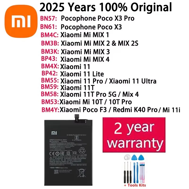 2025 Years Xiaomi Original Battery For Xiaomi Mi Mix 1 2 2S 3 4 Poco X3 F3 Redmi K40 10T 11T Mi 11 Mi11 Lite Ultra Pro Batteries